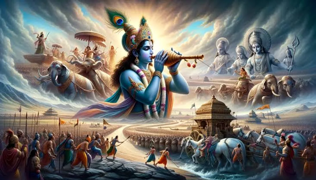 Krishna and Arjuna in a painted scene inspired by the Bhagavad Gita